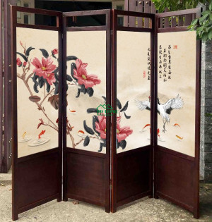 Bình Phong Gỗ Hạc Mẫu Đơn