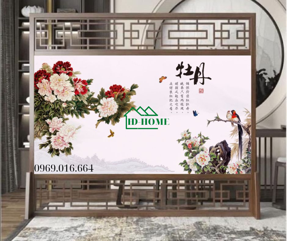 Tranh mẫu đơn uyên ương đẹp – hoa mẫu đơn nở rộ bên đôi chim uyên ương, mang ý nghĩa phong thủy và tình yêu vĩnh cửu